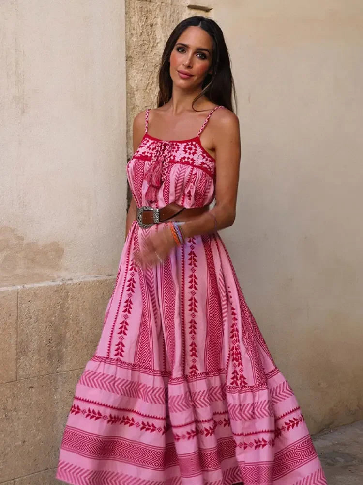 Vestido Maxi Feminino Rosa Bordado Sem Mangas
