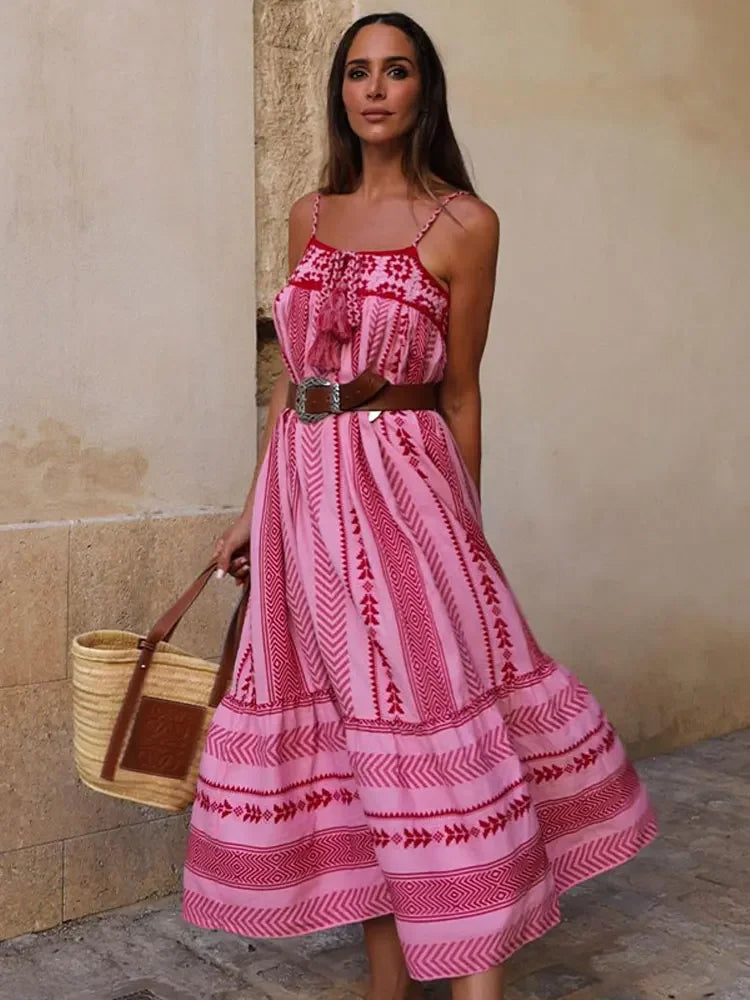 Vestido Maxi Feminino Rosa Bordado Sem Mangas