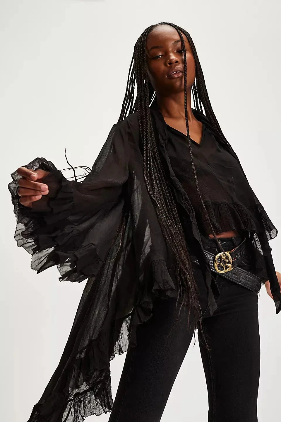 Moda sexy transparente camisa feminina primavera verão novo design de manga sino nó francês chique translúcido topo com botões