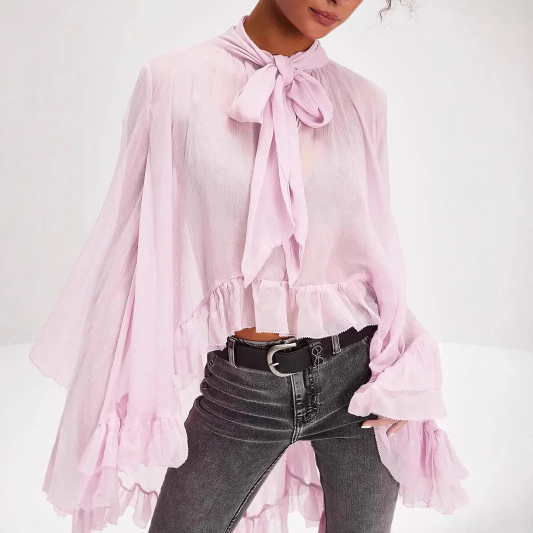 Moda sexy transparente camisa feminina primavera verão novo design de manga sino nó francês chique translúcido topo com botões