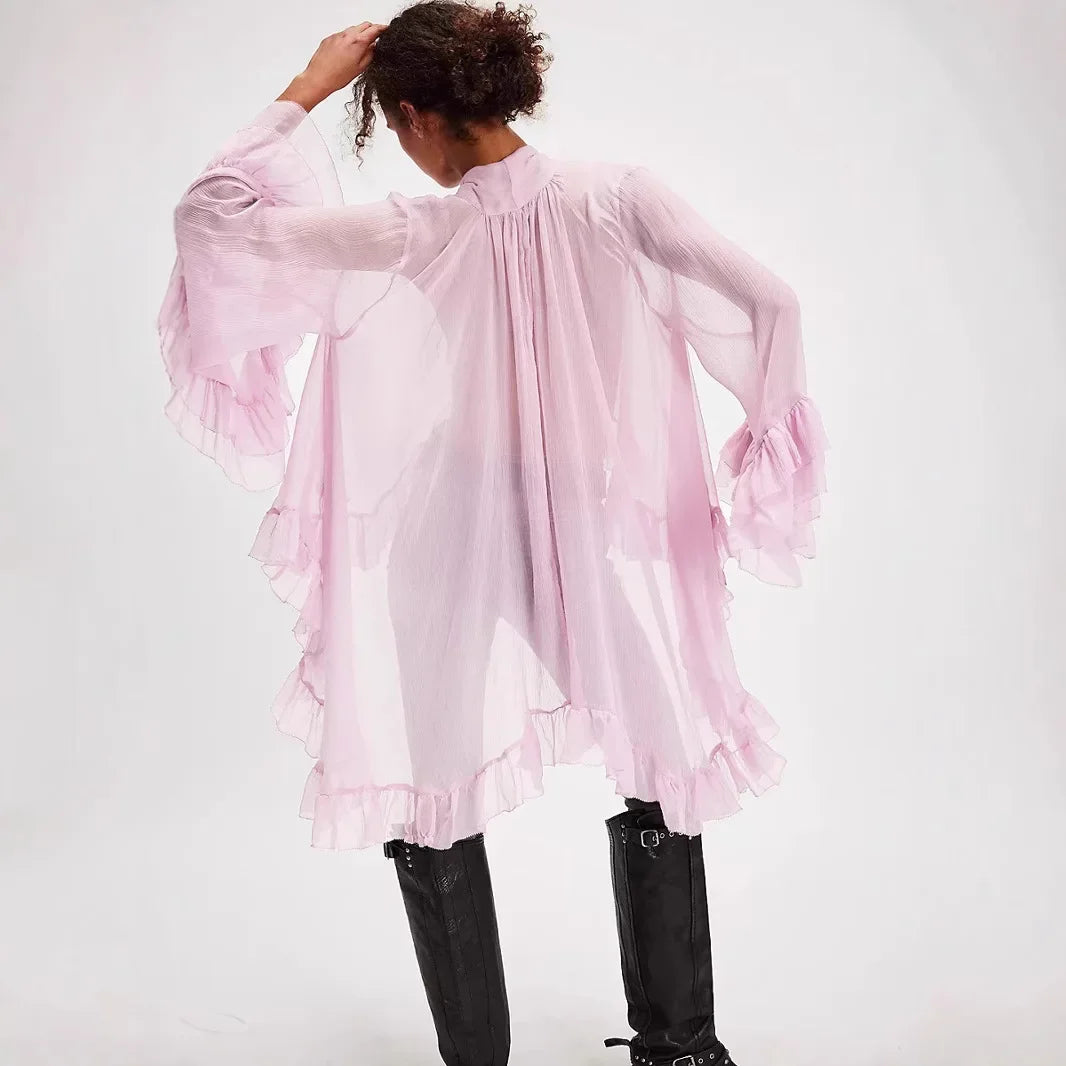 Moda sexy transparente camisa feminina primavera verão novo design de manga sino nó francês chique translúcido topo com botões