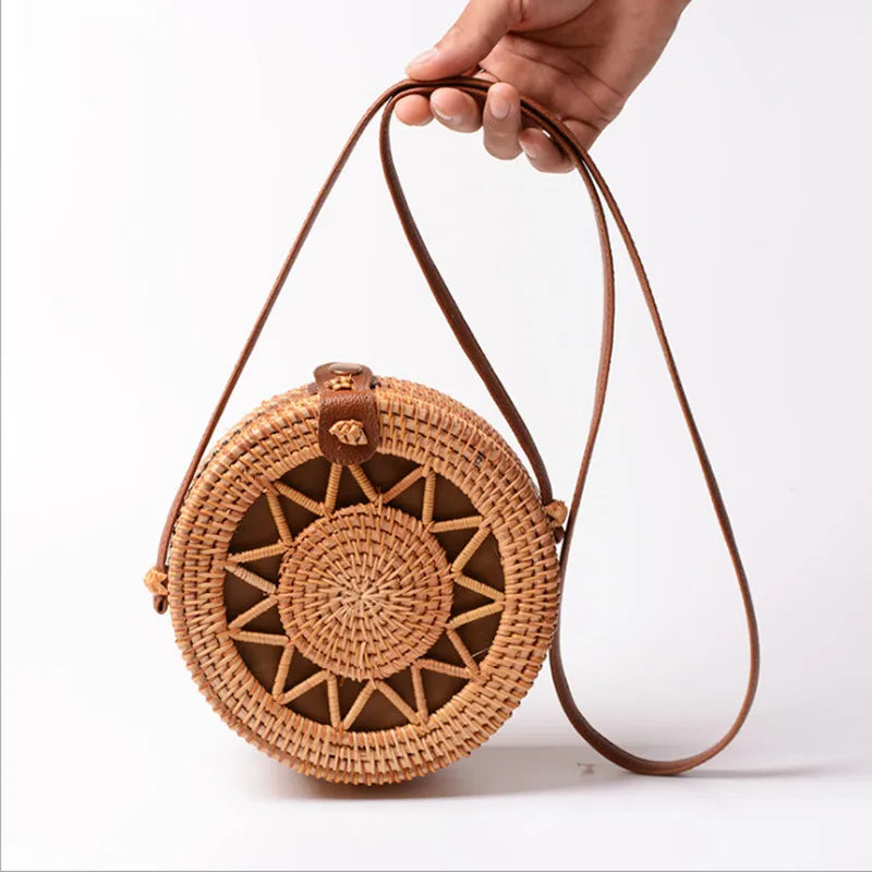 Bolsas de vime redondas femininas, estilo boho, praia, crossbody, palha, artesanal, verão 2019