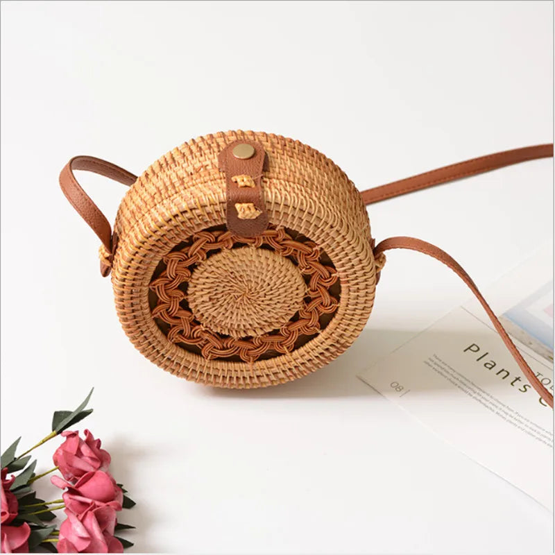 Bolsas de vime redondas femininas, estilo boho, praia, crossbody, palha, artesanal, verão 2019