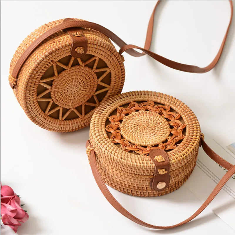 Bolsas de vime redondas femininas, estilo boho, praia, crossbody, palha, artesanal, verão 2019