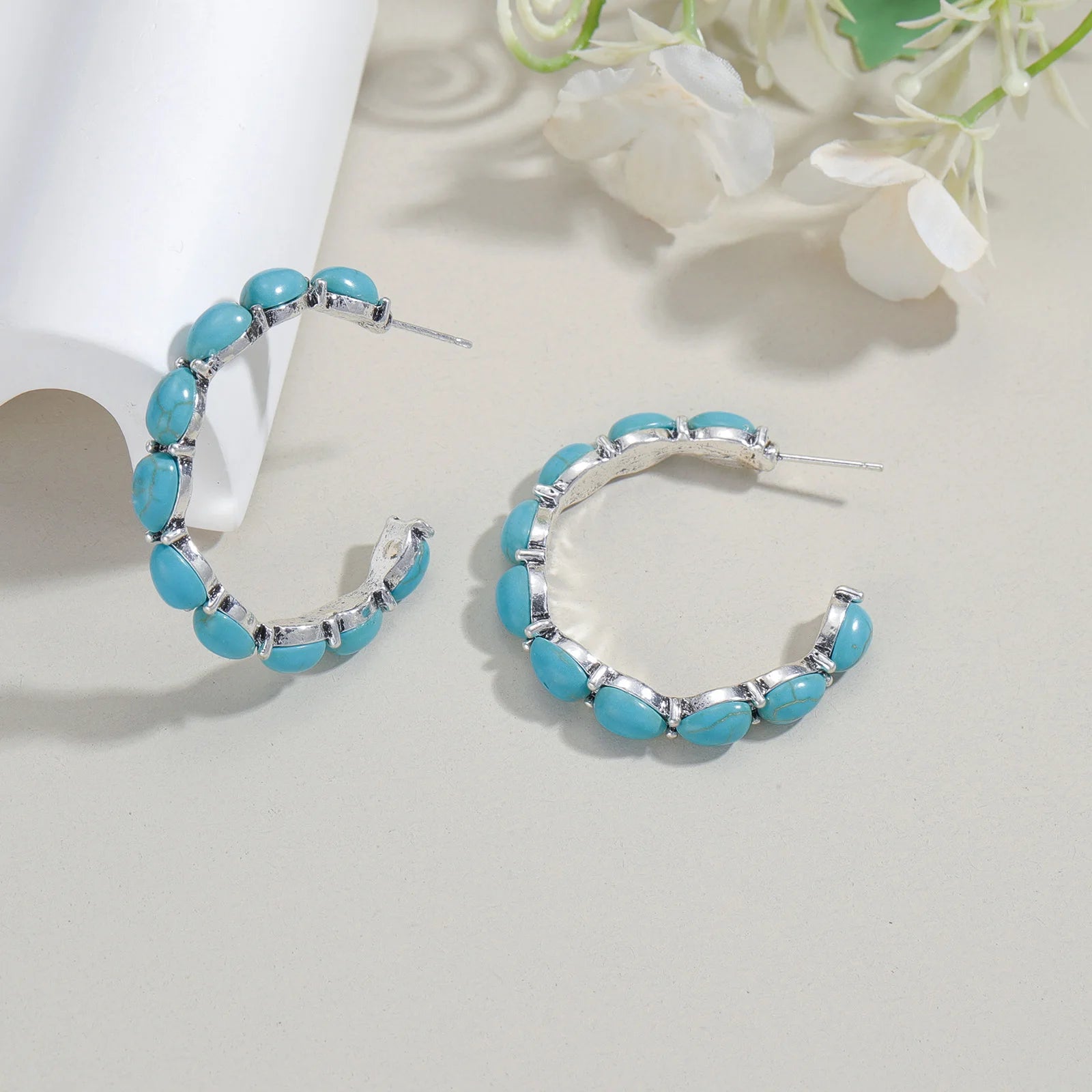 Brincos de argola turquesa estilo boêmio para mulheres, roupa diária versátil