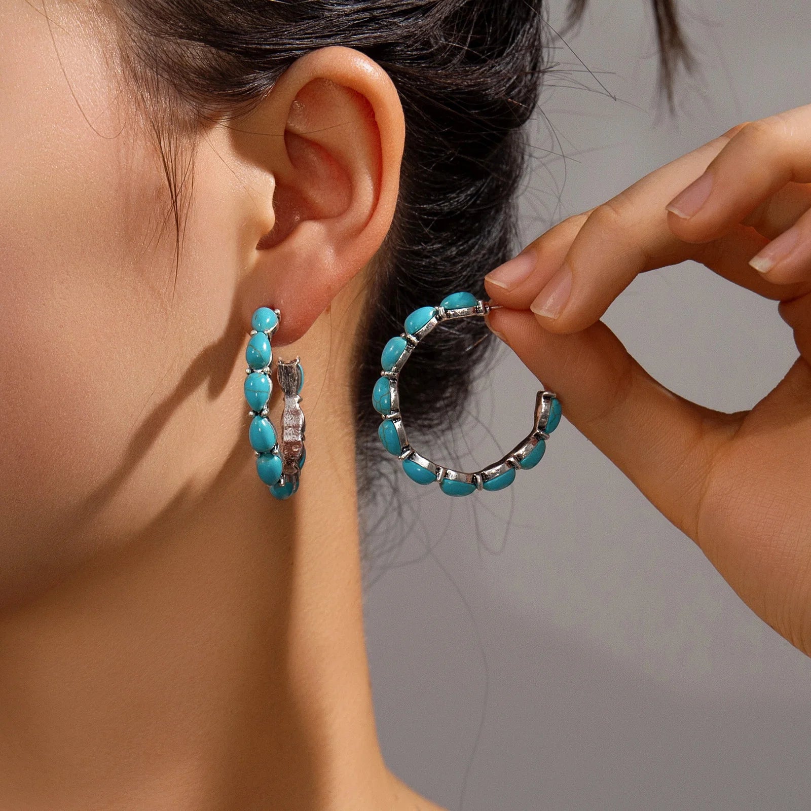Brincos de argola turquesa estilo boêmio para mulheres, roupa diária versátil