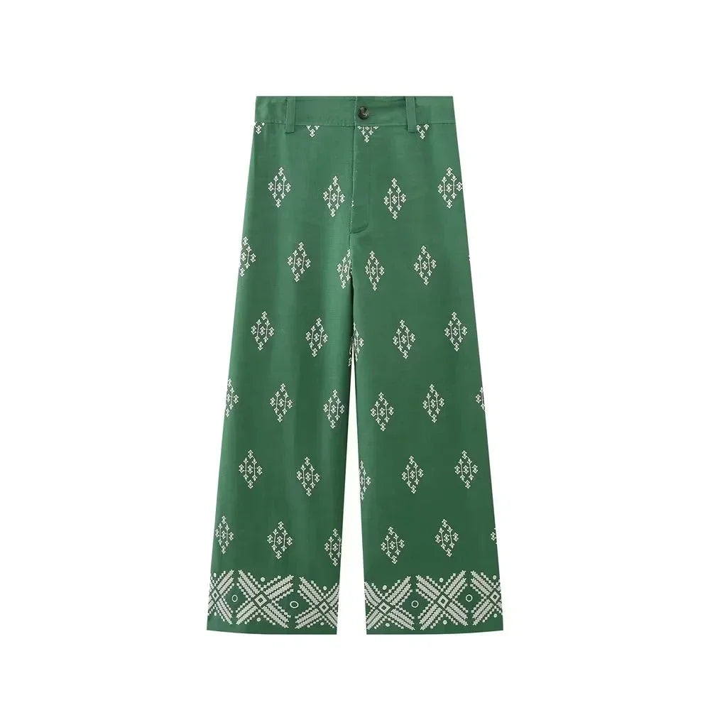 Calça Chicheca bege de perna larga feminina, bordado geométrico, calça comprida, moda, primavera, verão