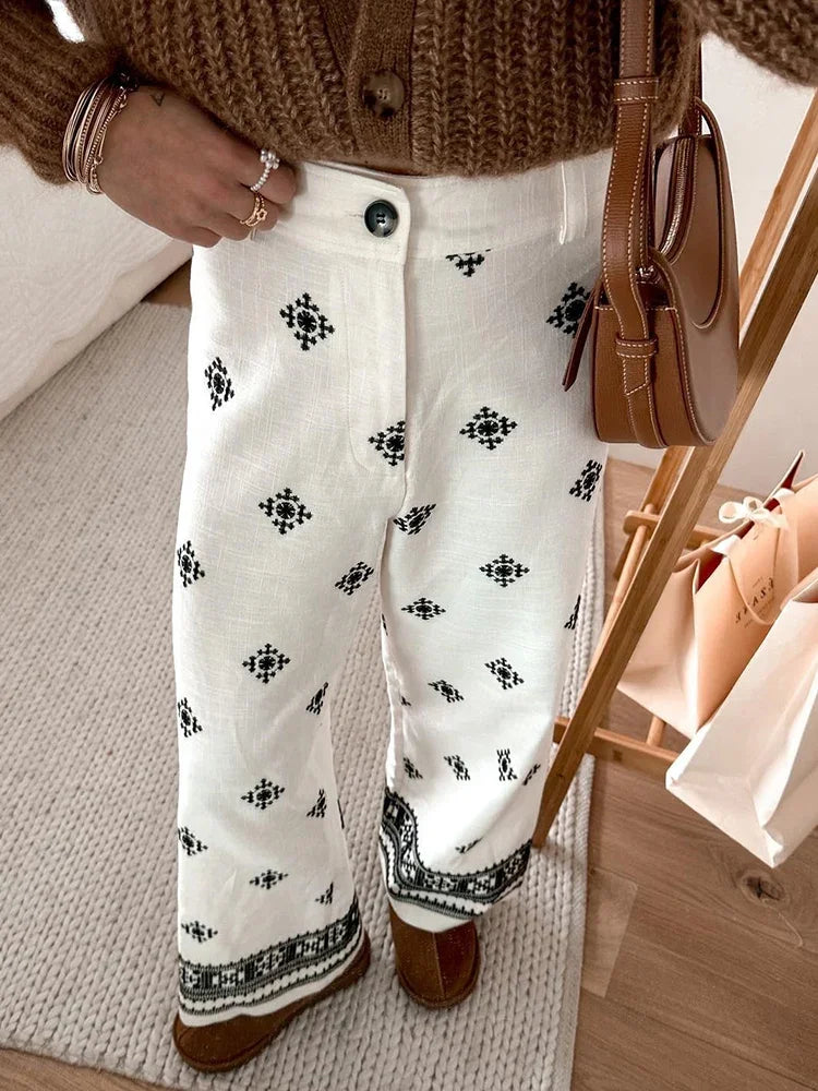 Calça Chicheca bege de perna larga feminina, bordado geométrico, calça comprida, moda, primavera, verão