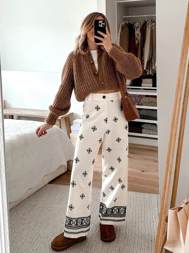 Calça Chicheca bege de perna larga feminina, bordado geométrico, calça comprida, moda, primavera, verão