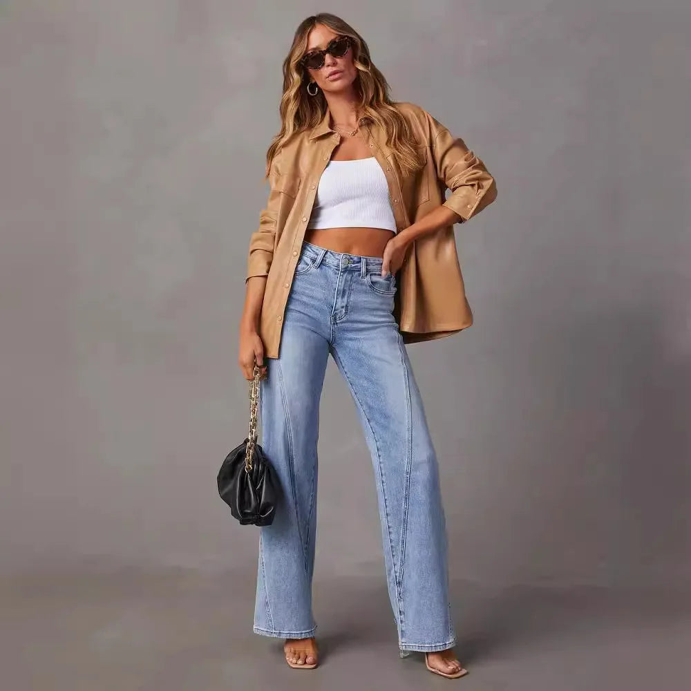 Calça Jeans Lavada Vintage de Perna Reta e Larga com bolsos Klohe