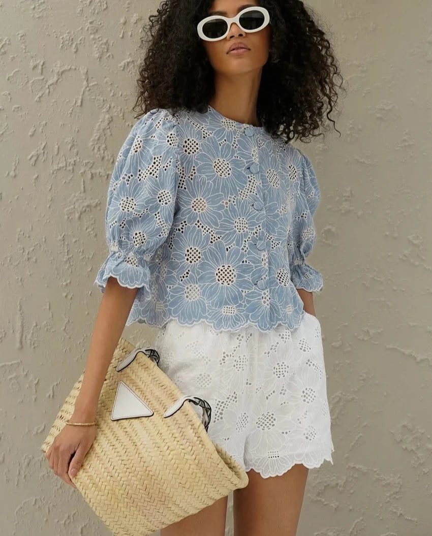 Clacive-Camisa azul fina feminina, gola O, camisa de meia manga, blusa plissada clássica elegante, roupas femininas, moda, verão, 2022