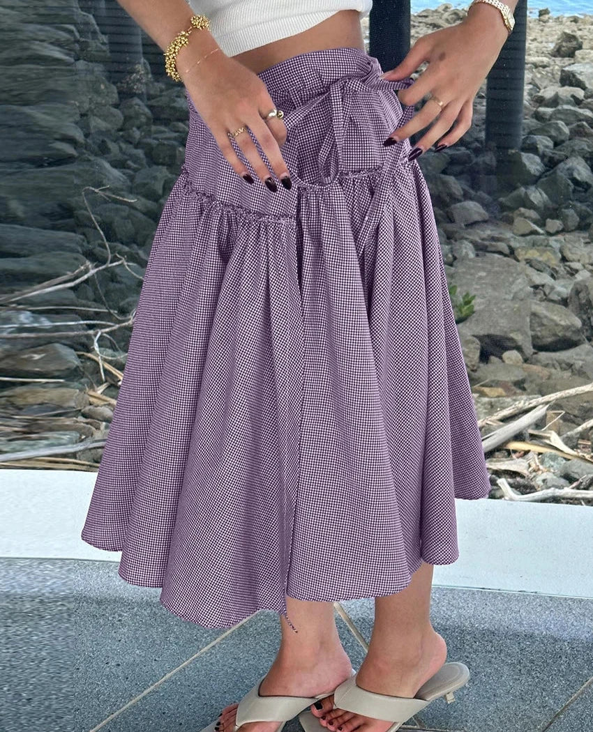 Clacive-Saia xadrez roxa feminina, saia solta casual, cintura alta, saia midi, elegante com cordões, roupa feminina plissada, moda, 2024