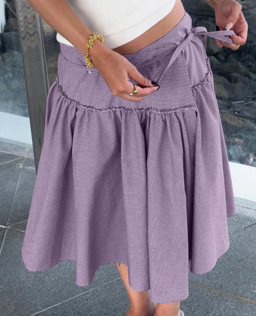 Clacive-Saia xadrez roxa feminina, saia solta casual, cintura alta, saia midi, elegante com cordões, roupa feminina plissada, moda, 2024