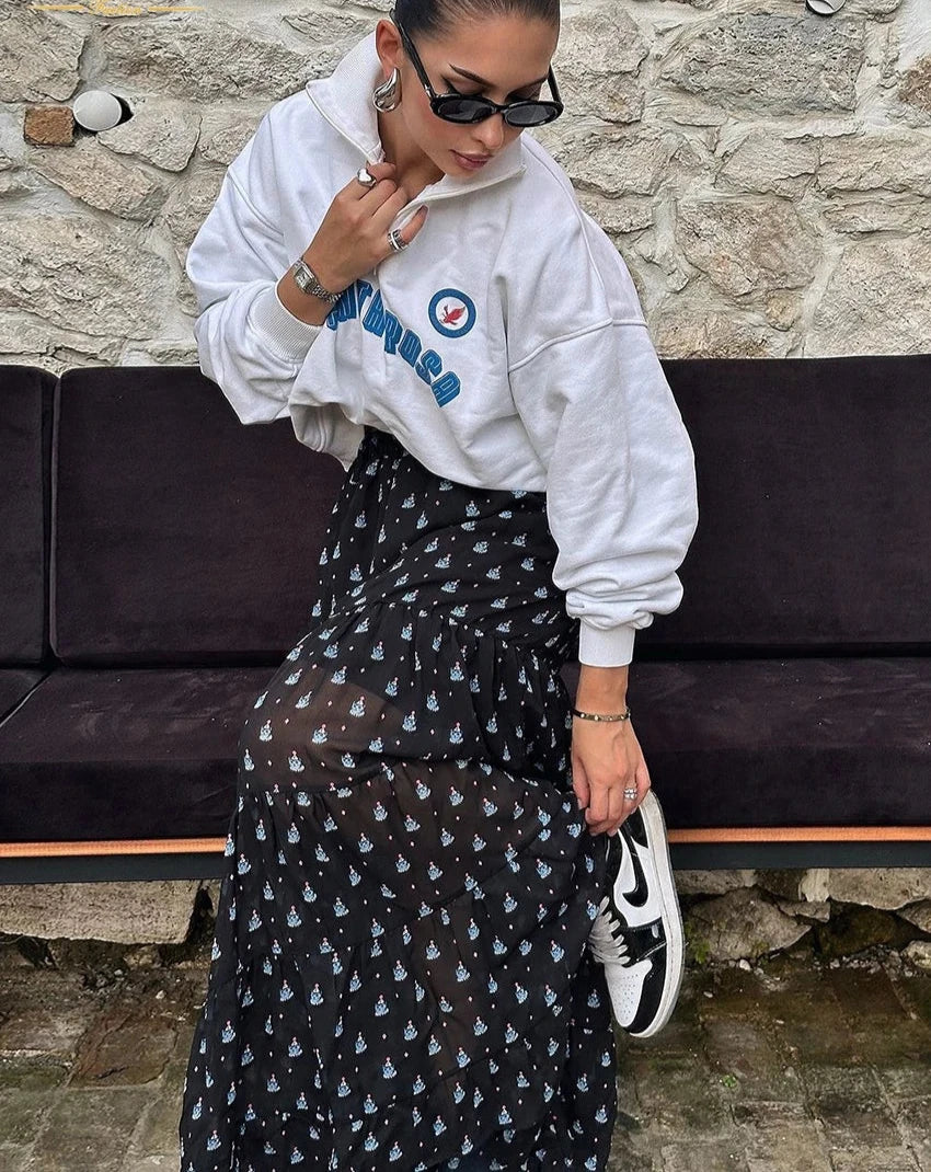 Clacive moda solta impressão saia feminina 2024 elegante cintura alta maxi saia casual clássico roupas femininas streetwear