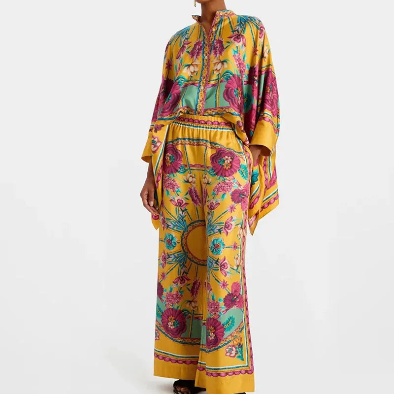 Conjunto de Camisa e Calça Elegante Feminino Estampado Amarelo