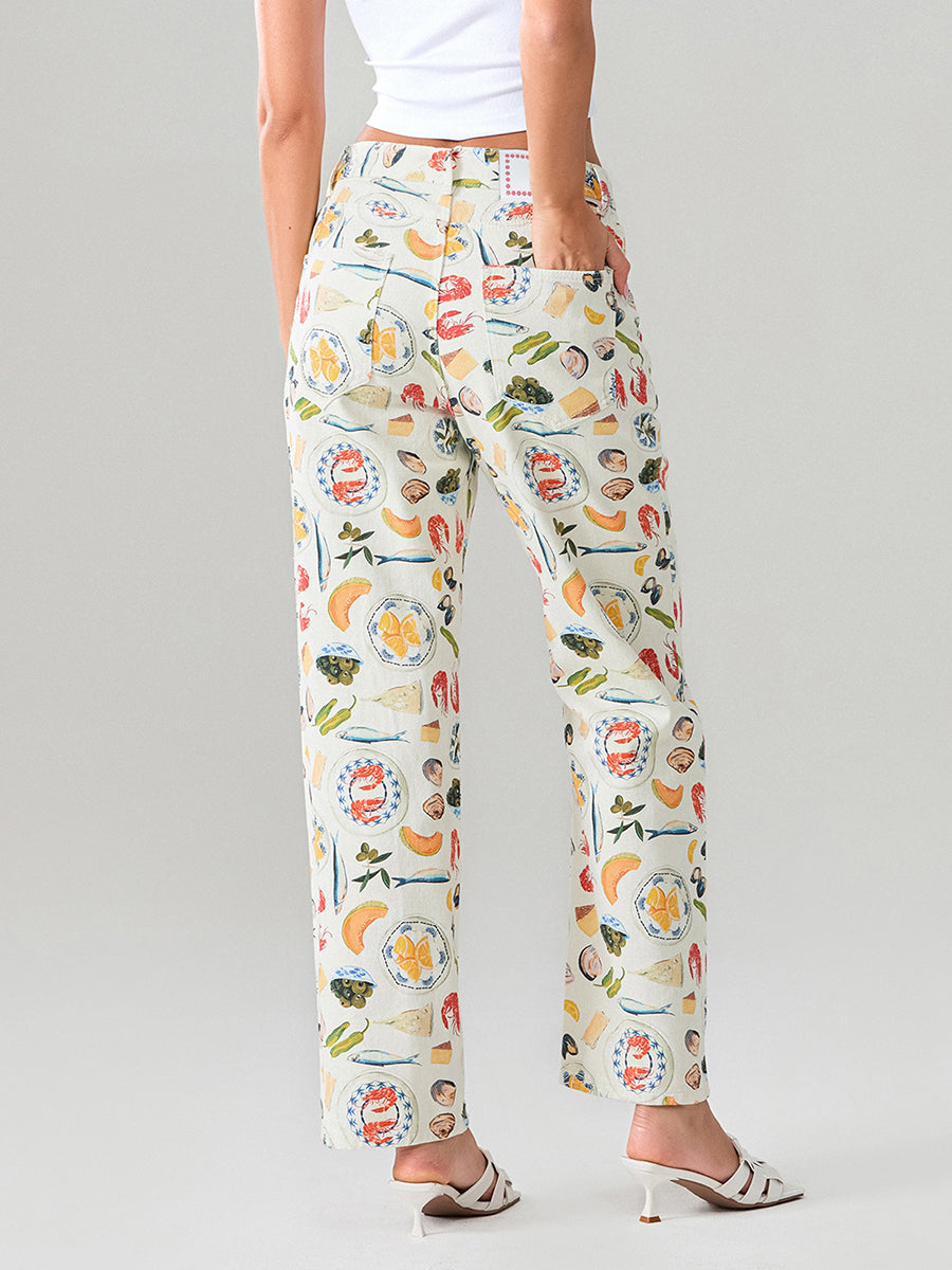 Calça Jeans Feminina Estampada de Frutas