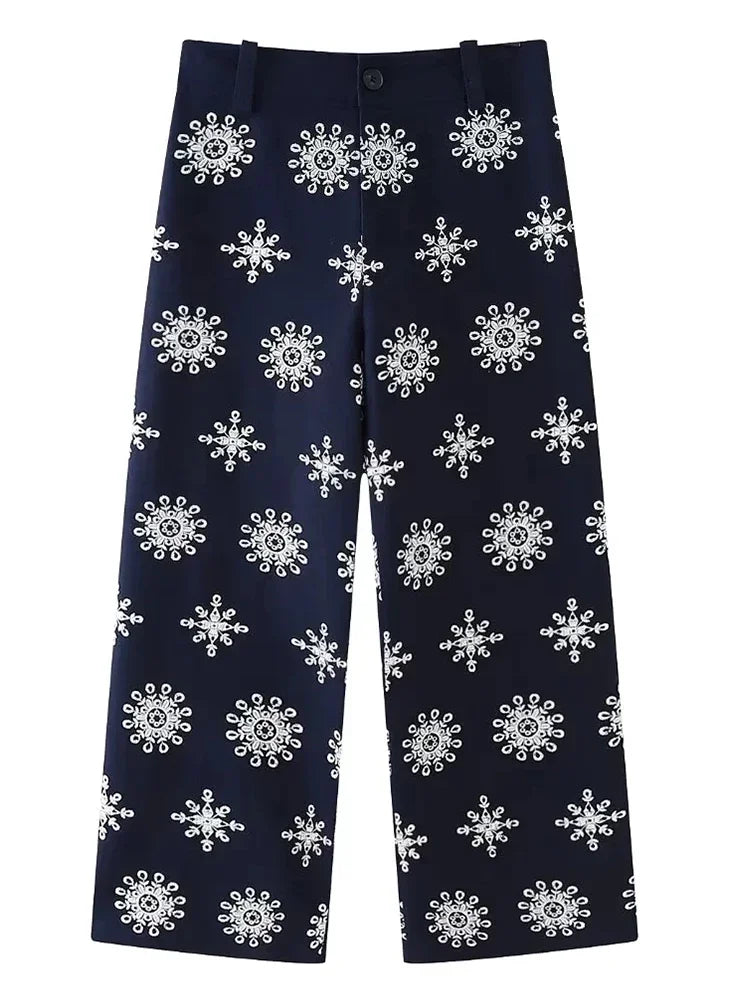 Foridol-Calças femininas bordadas florais, fecho de correr casual, azul marinho, moda feminina, verão, 2024