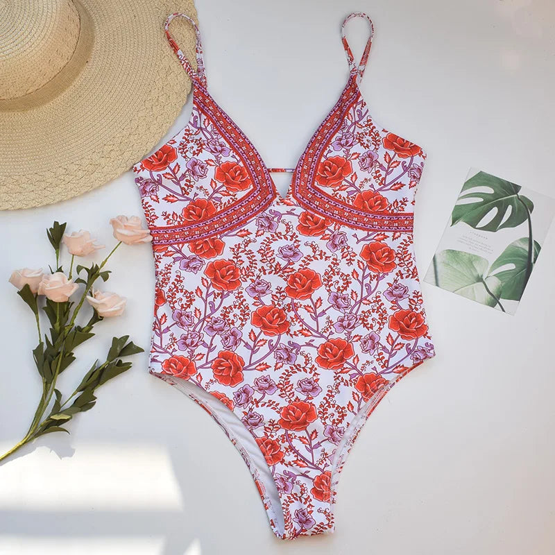 Teelwindows-maiô feminino, rosa, vermelho, floral, estampado, monoquíni, praia, sexy, boêmio, verão, traje de banho, uma peça, 2020