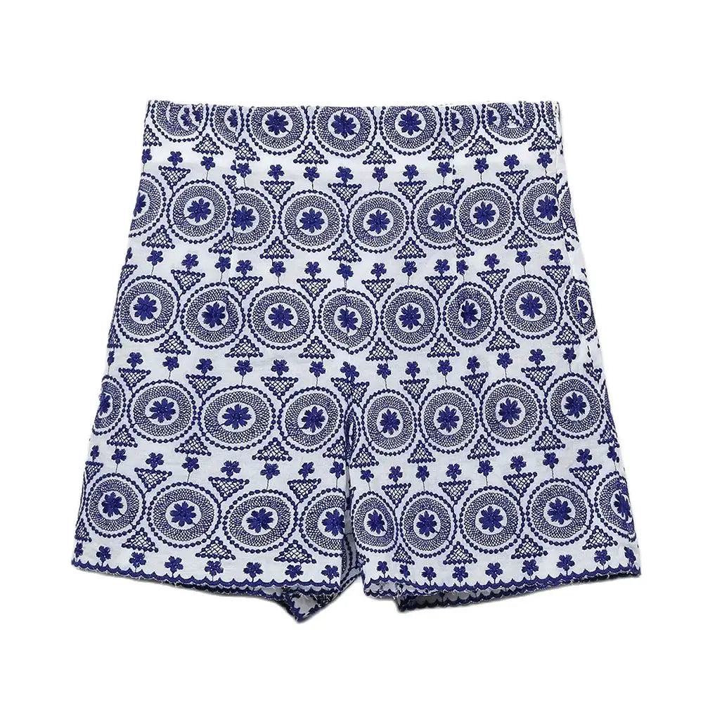 Short Feminino Bordado Azul Vintage