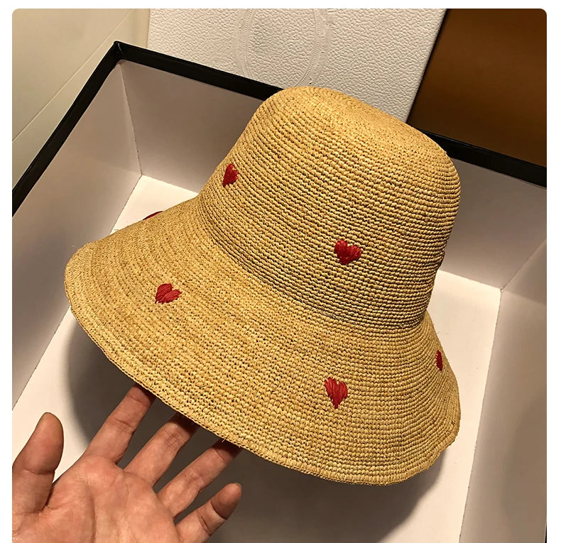Chapéu de Ráfia Feminino aba grande Corações
