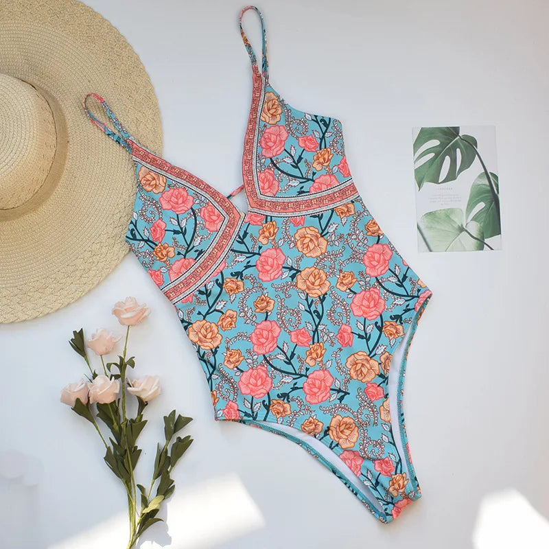 Teelwindows-maiô feminino, rosa, vermelho, floral, estampado, monoquíni, praia, sexy, boêmio, verão, traje de banho, uma peça, 2020