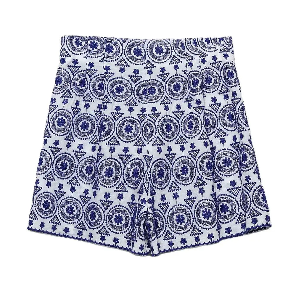 Short Feminino Bordado Azul Vintage