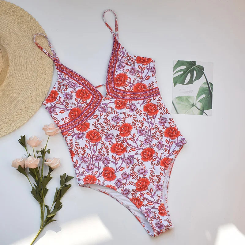 Teelwindows-maiô feminino, rosa, vermelho, floral, estampado, monoquíni, praia, sexy, boêmio, verão, traje de banho, uma peça, 2020