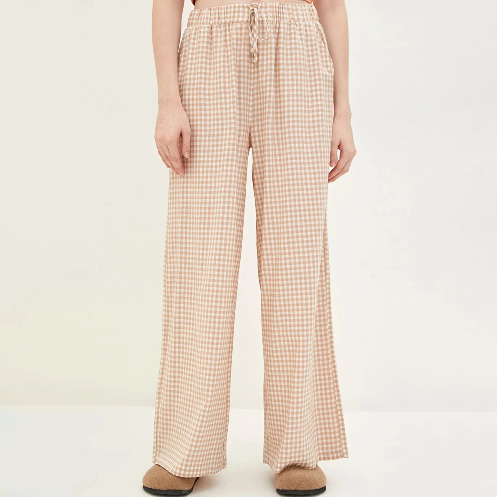 Hirigin-Calças femininas de perna larga com estampa xadrez com bolsos, calças casuais soltas, calças compridas, cordão, cintura alta, elástico, pull-on