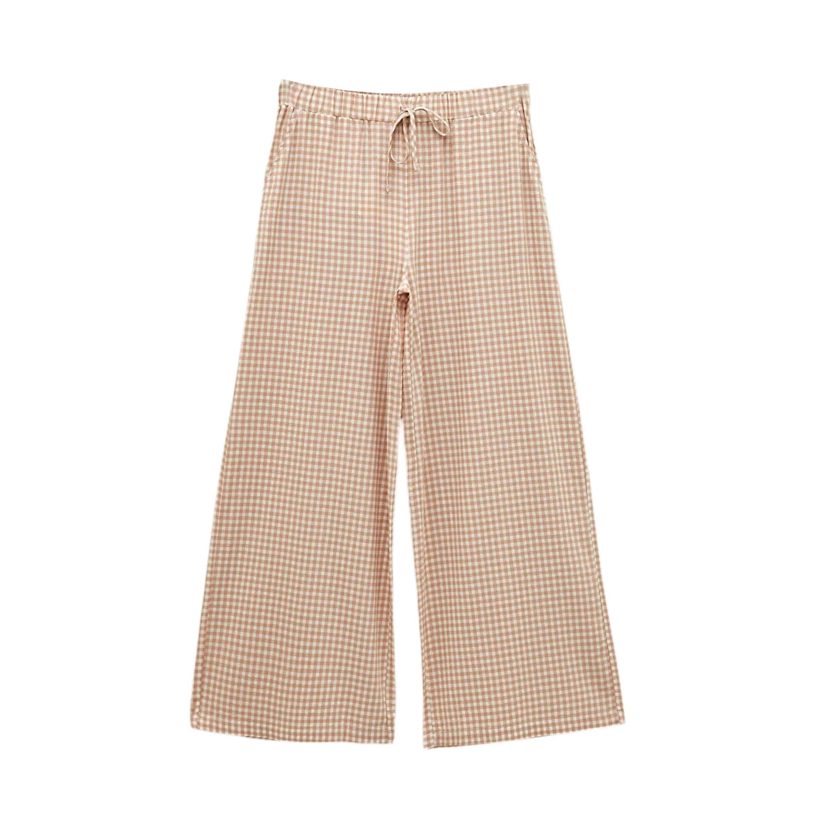 Hirigin-Calças femininas de perna larga com estampa xadrez com bolsos, calças casuais soltas, calças compridas, cordão, cintura alta, elástico, pull-on