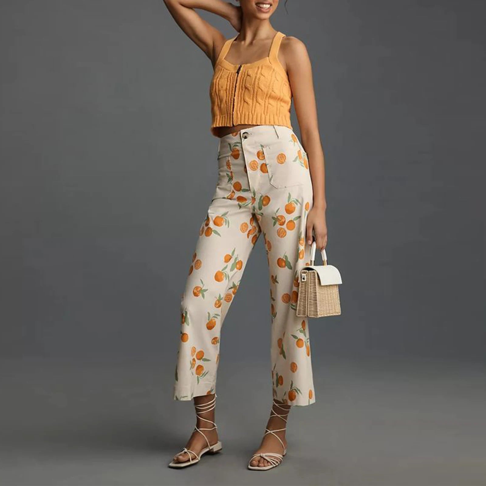 Hirigin-Calças jeans de perna larga feminina, calças soltas casuais, jeans de capri com estampa de frutas, calças para trabalho, escritório, streetwear vintage, Y2K