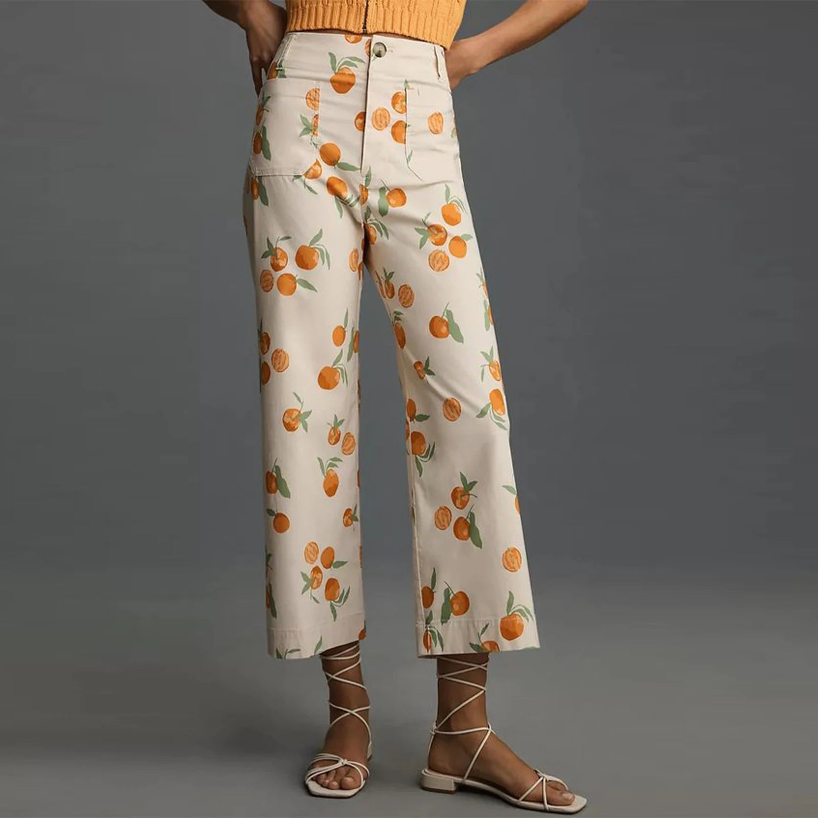 Hirigin-Calças jeans de perna larga feminina, calças soltas casuais, jeans de capri com estampa de frutas, calças para trabalho, escritório, streetwear vintage, Y2K