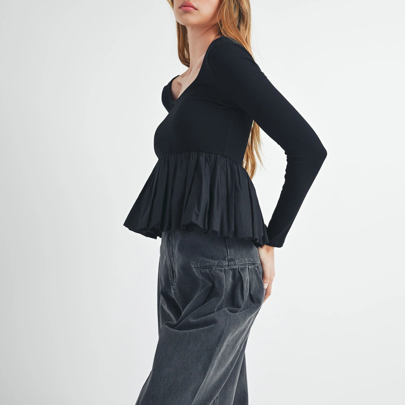 Tops Peplum de manga comprida para mulheres, cor sólida casual, bainha de babados, camisa básica, blusas para clube.