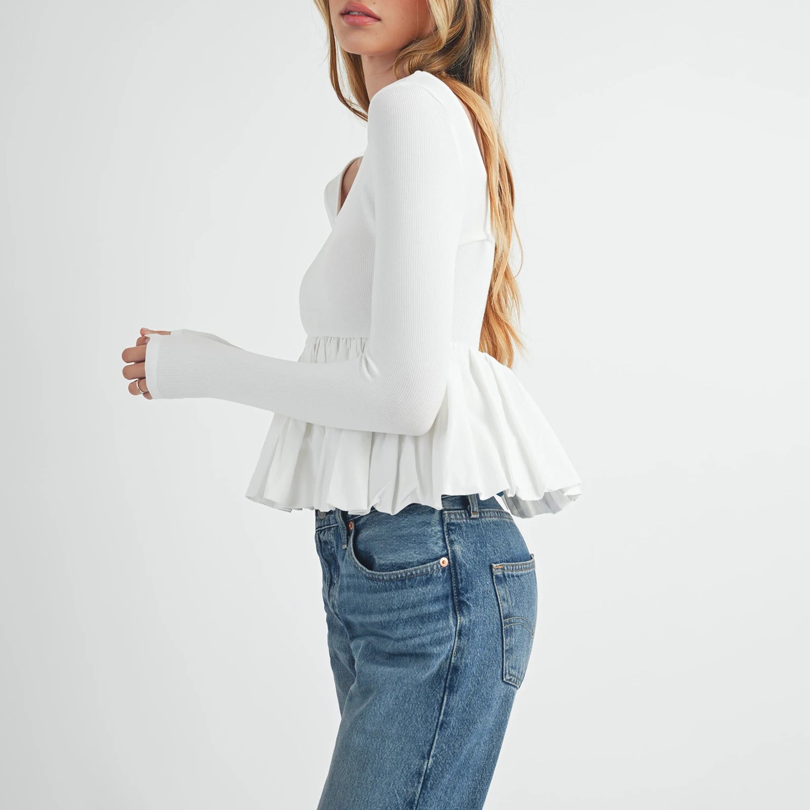 Tops Peplum de manga comprida para mulheres, cor sólida casual, bainha de babados, camisa básica, blusas para clube.