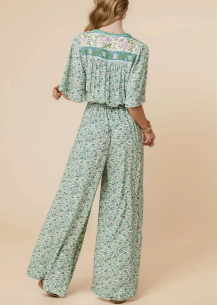 Macacões femininos com botão aberto boho pescoço em V, laço ajustado, cintura borla, macacões longos, macacão de férias, 2024