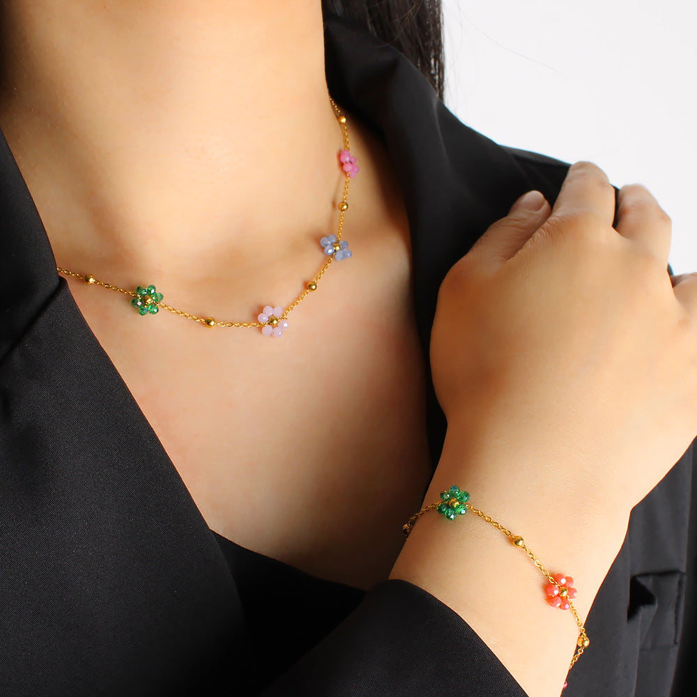Conjunto de Pulseira e Colar de Aço Inoxidável com ouro 18k com Miçangas de Flores Coloridas de cristais
