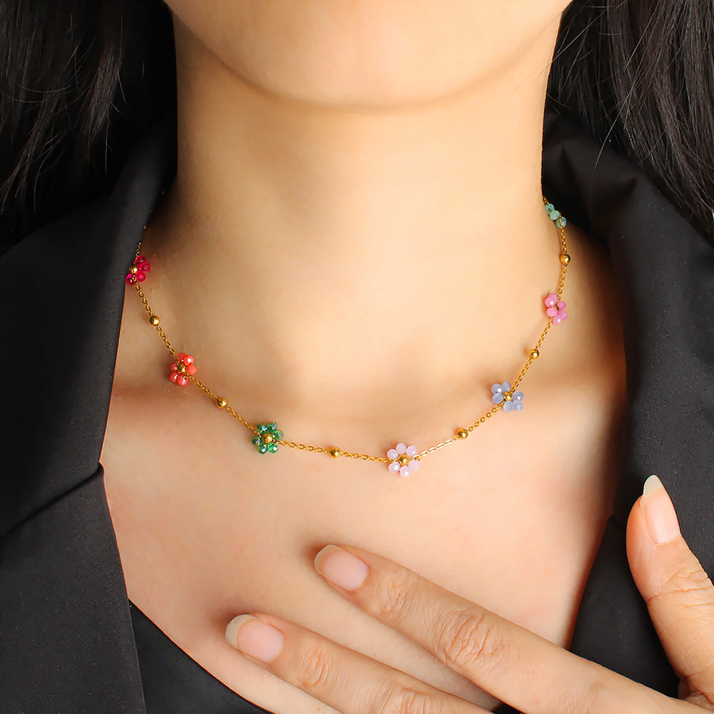 Conjunto de Pulseira e Colar de Aço Inoxidável com ouro 18k com Miçangas de Flores Coloridas de cristais