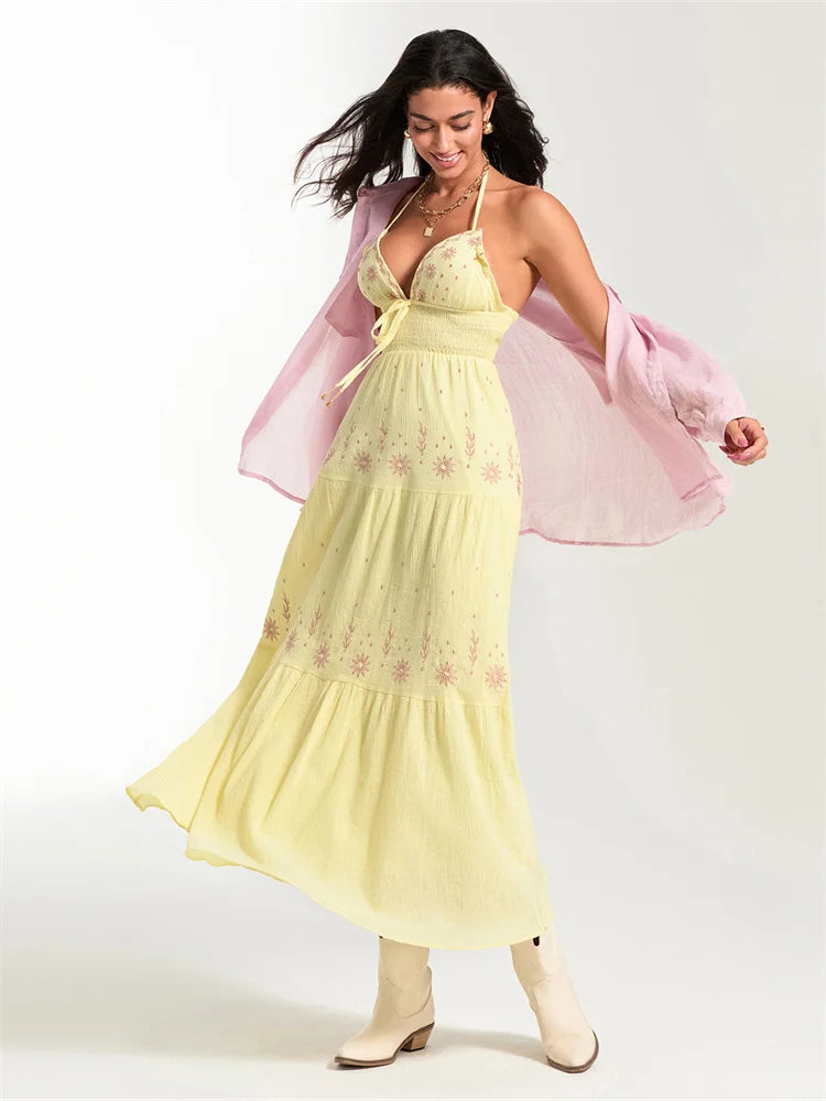 Vestido Longo Feminino com Bordado Floral