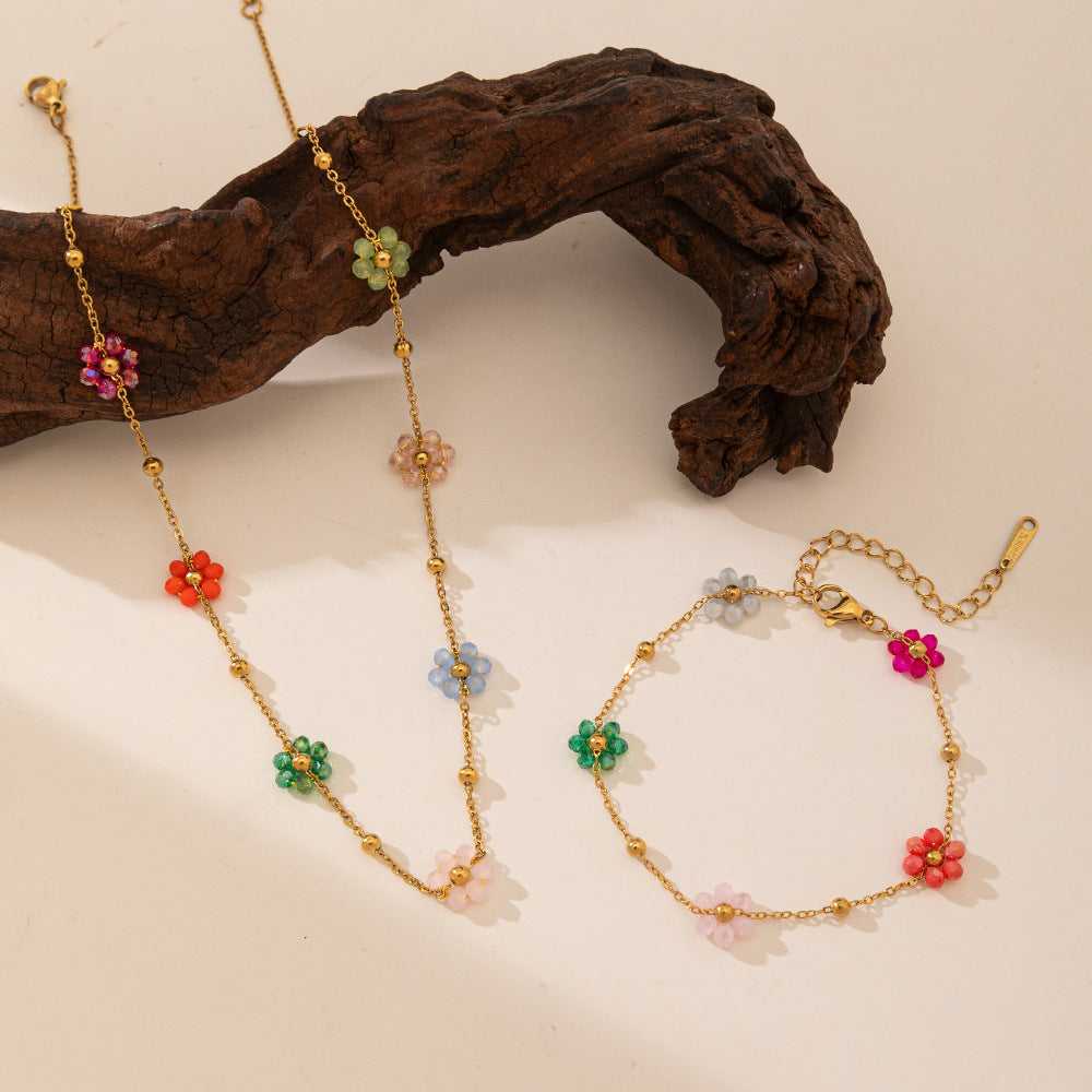 Conjunto de Pulseira e Colar de Aço Inoxidável com ouro 18k com Miçangas de Flores Coloridas de cristais