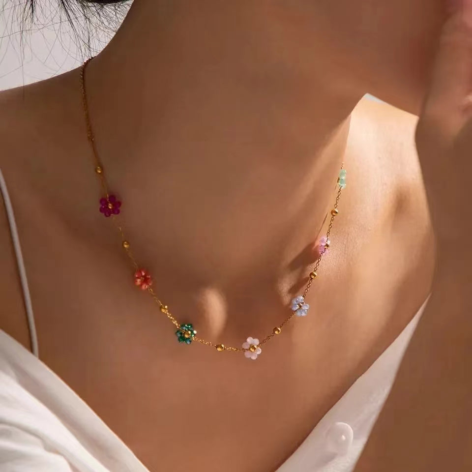 Conjunto de Pulseira e Colar de Aço Inoxidável com ouro 18k com Miçangas de Flores Coloridas de cristais