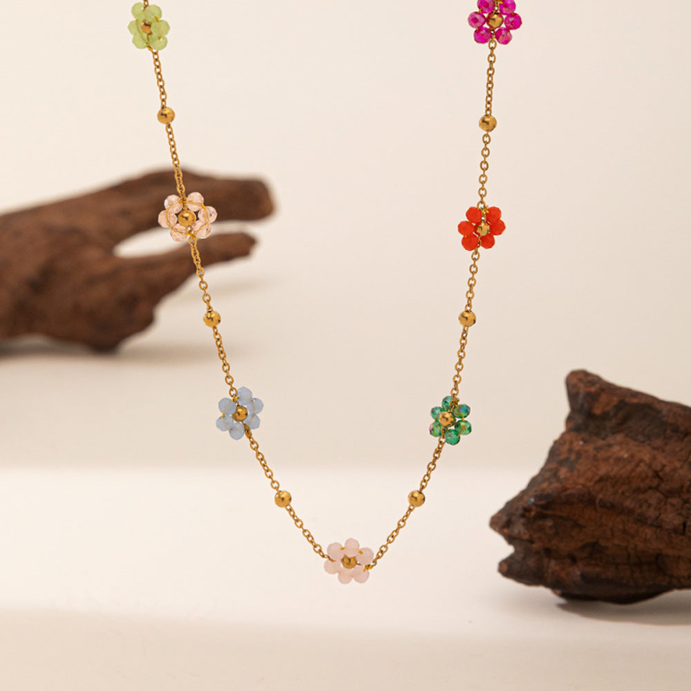 Conjunto de Pulseira e Colar de Aço Inoxidável com ouro 18k com Miçangas de Flores Coloridas de cristais