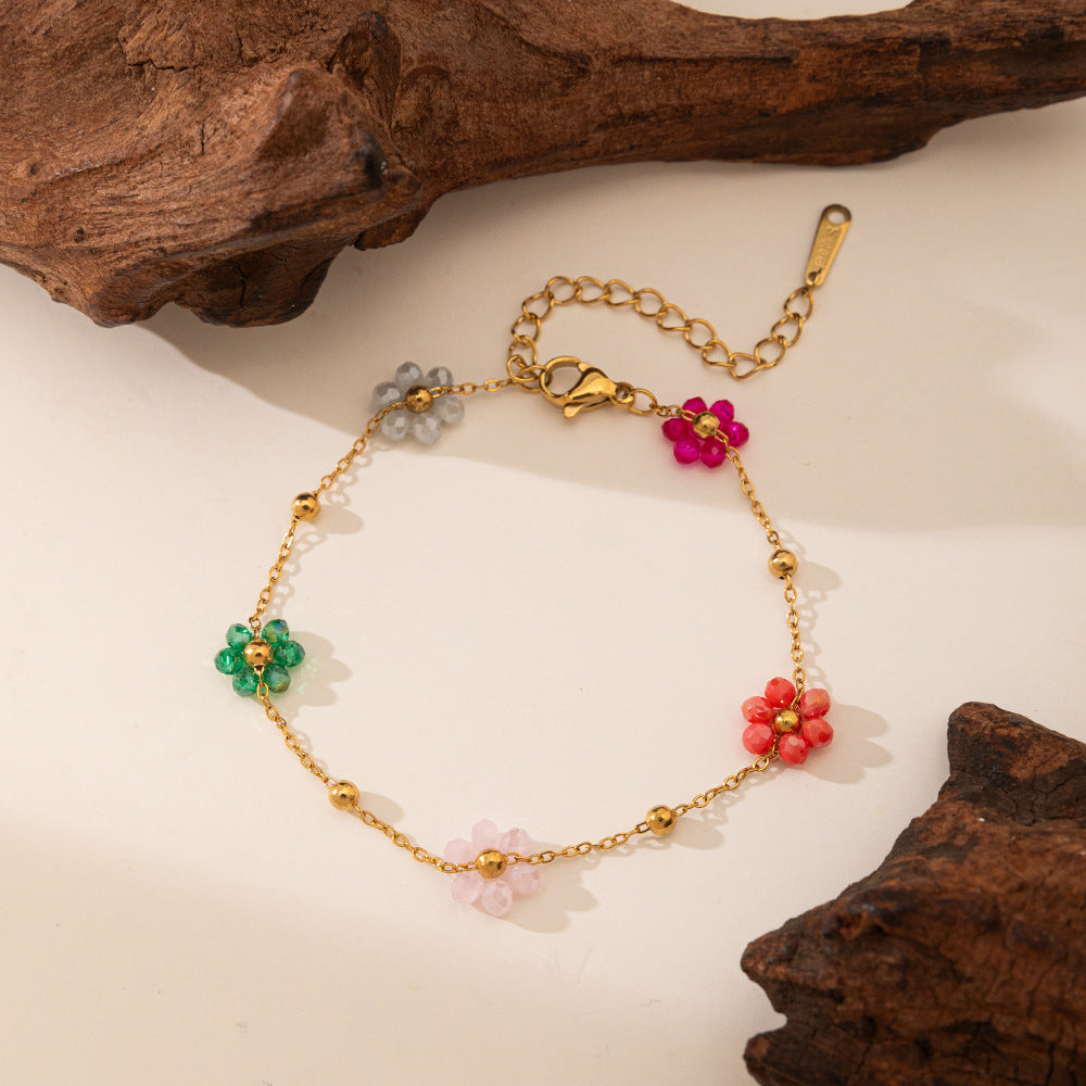 Conjunto de Pulseira e Colar de Aço Inoxidável com ouro 18k com Miçangas de Flores Coloridas de cristais