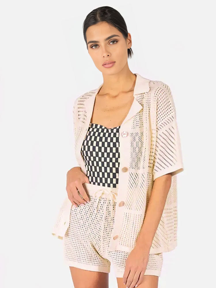 Conjunto Elegante Fleming Cardigan de Malha Oco e Shorts