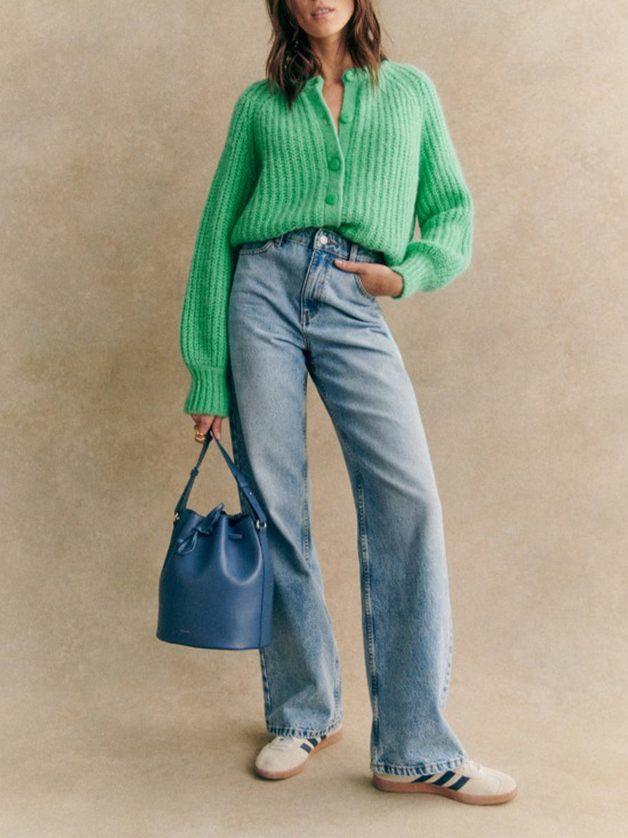 Cardigãn Feminino Vintage de Malha Chenile Gola redonda Manga Comprida com Botões