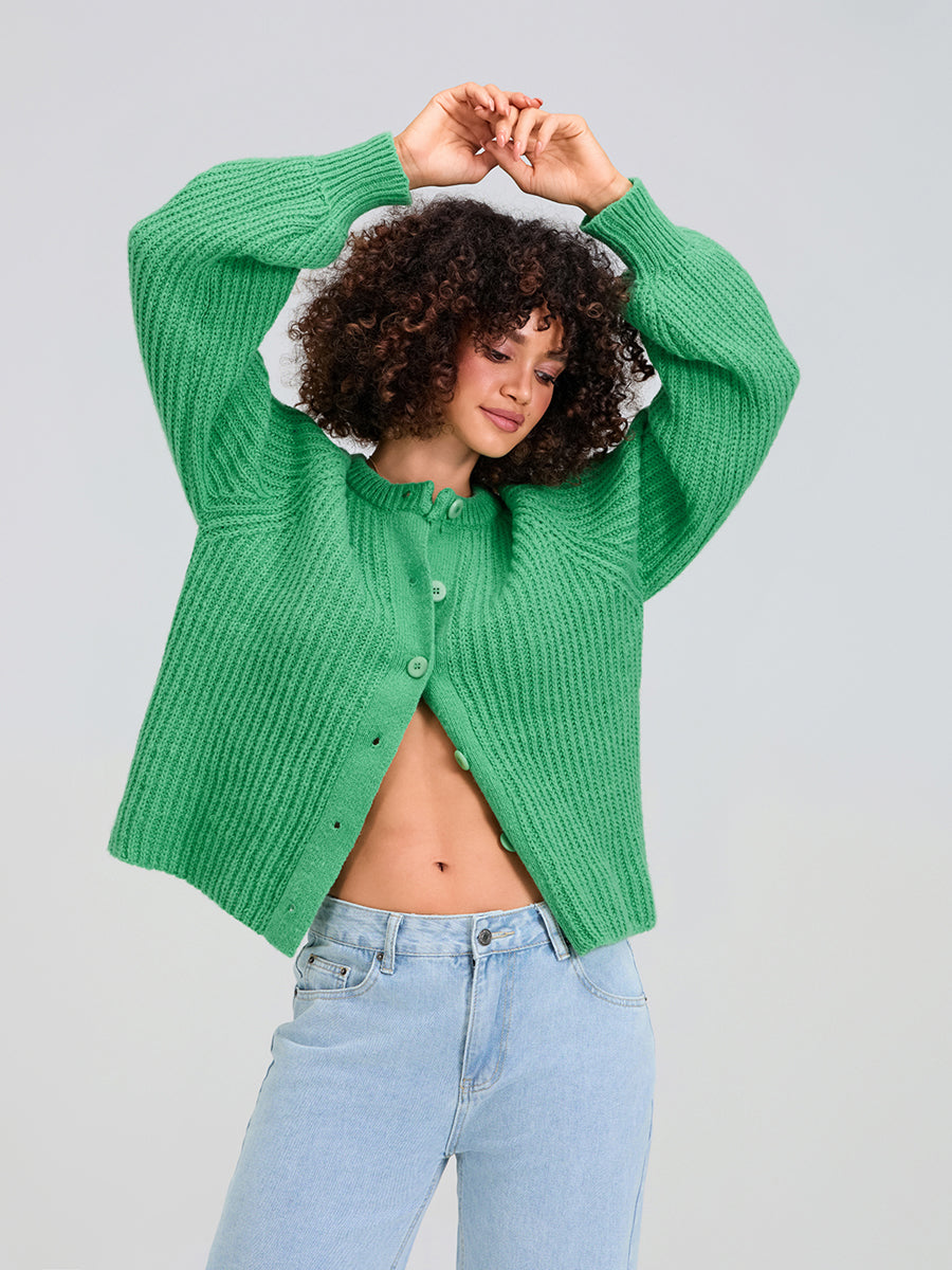 Cardigãn Feminino Vintage de Malha Chenile Gola redonda Manga Comprida com Botões