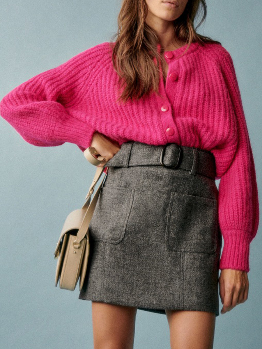 Cardigãn Feminino Vintage de Malha Chenile Gola redonda Manga Comprida com Botões