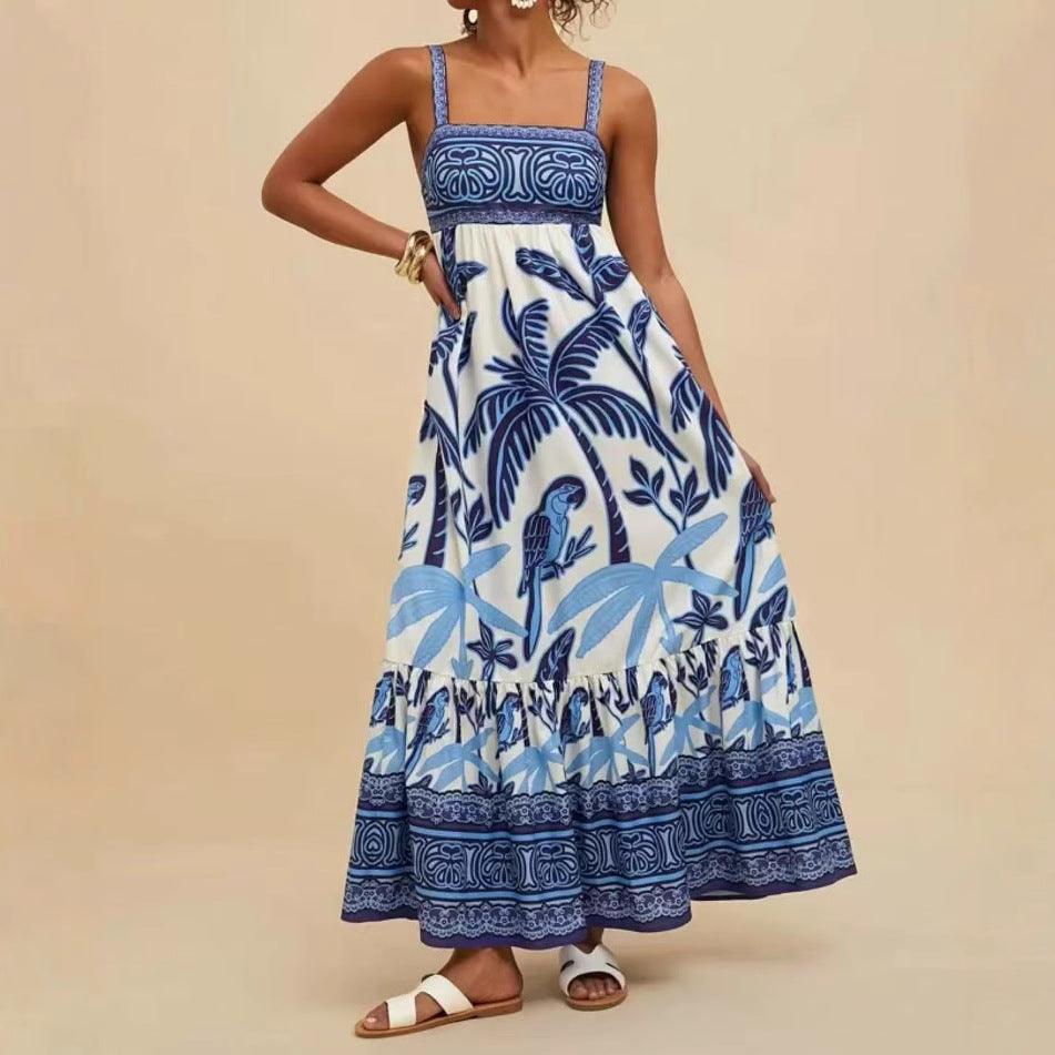 Vestido Midi com Alças Finas e Estampa Tropical de Coqueiros