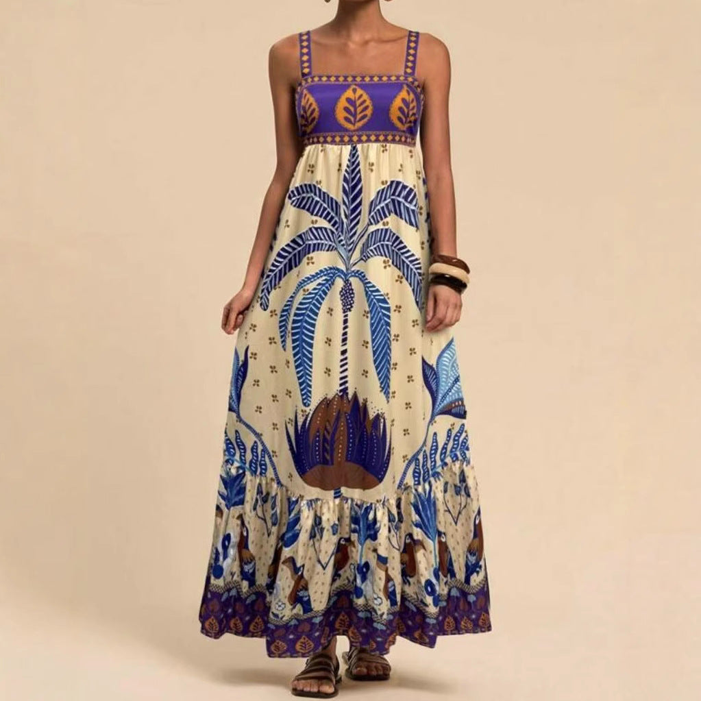 Vestido Midi com Alças Finas e Estampa Tropical de Coqueiros