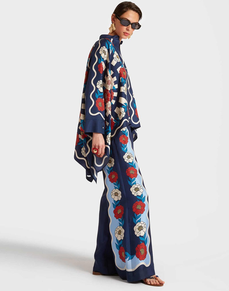 Conjunto Retrô de Cetim Estilo Inglês Estampado Azul Marinho