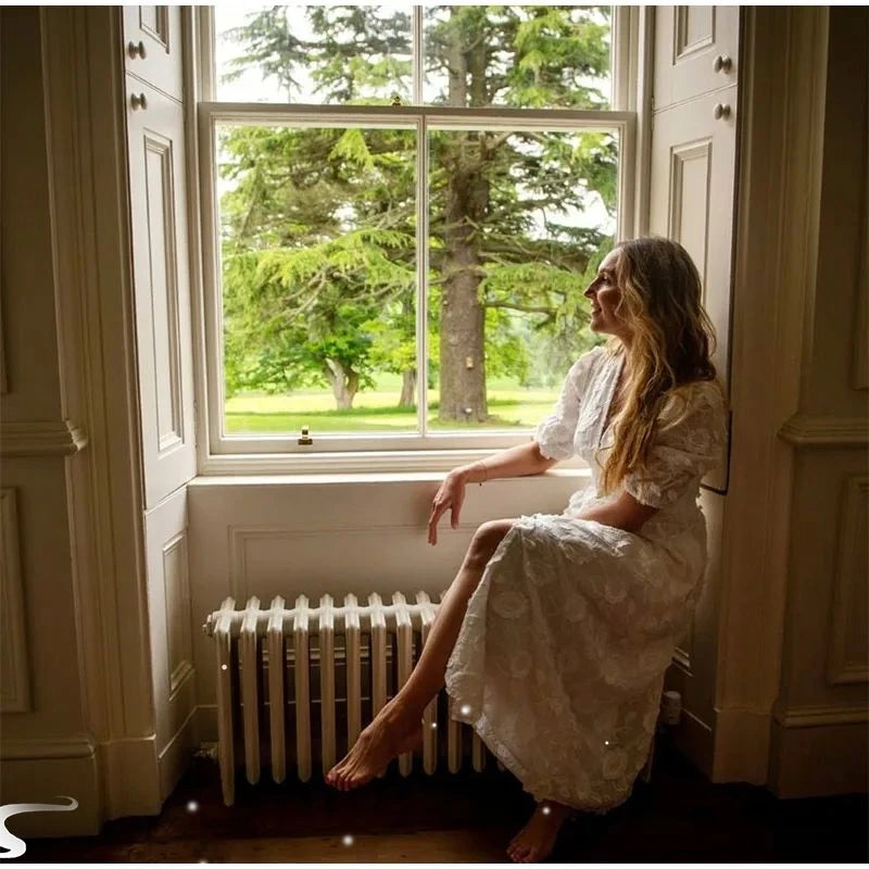 Vestido Maxi Elegante com Bordado Floral e Manga Puff