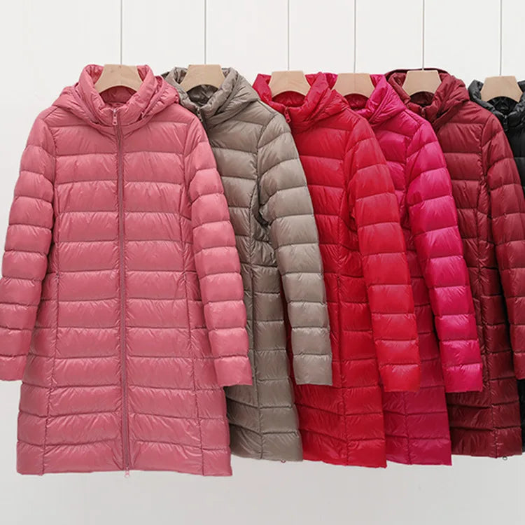 Mulheres de inverno fino para baixo casacos remover com capuz parka cor sólida feminino longo luz fina outerwear senhora moda quente puffer jaquetas